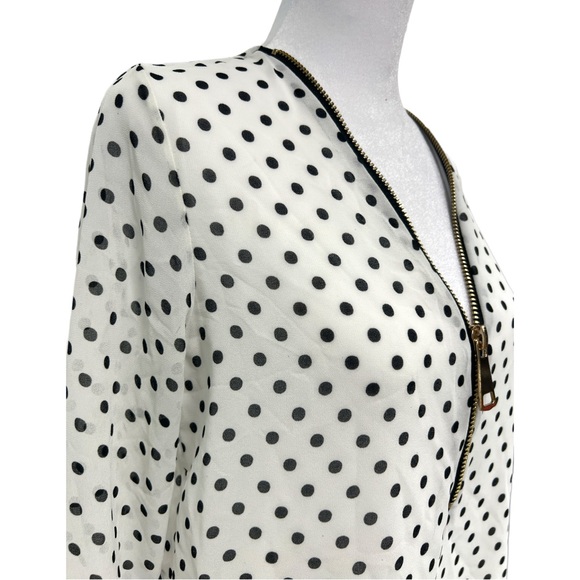 White with Black Polka dots long sleeve sheer blouse with gold zipper at front - Picture 2 of 7